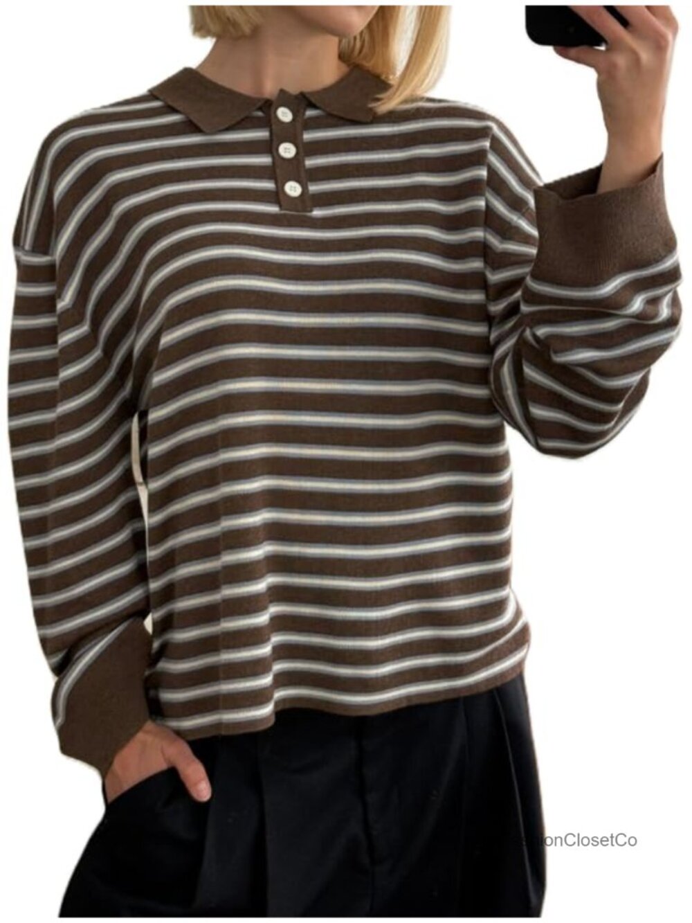 Women's Striped Long Sleeve Polo Sweatshirt Lapel V Neck Oversized Loose Fit